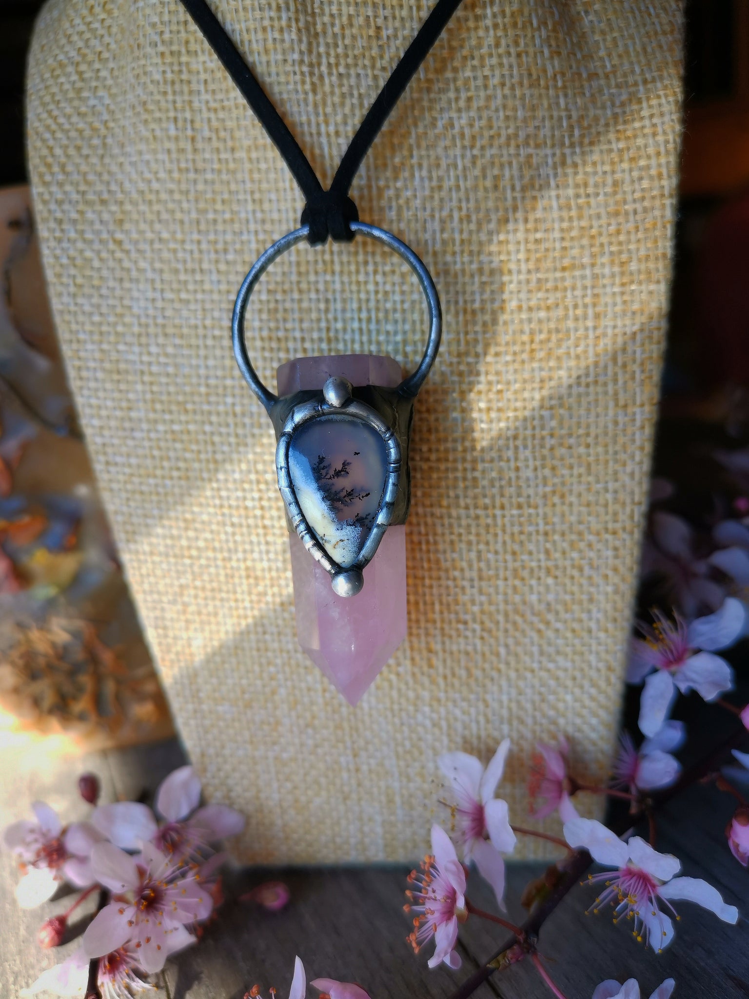 Rose quartz and dendritic agate pendant