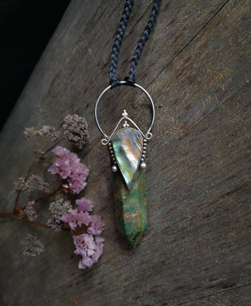 Ruby fuchsite and abalone shell pendant