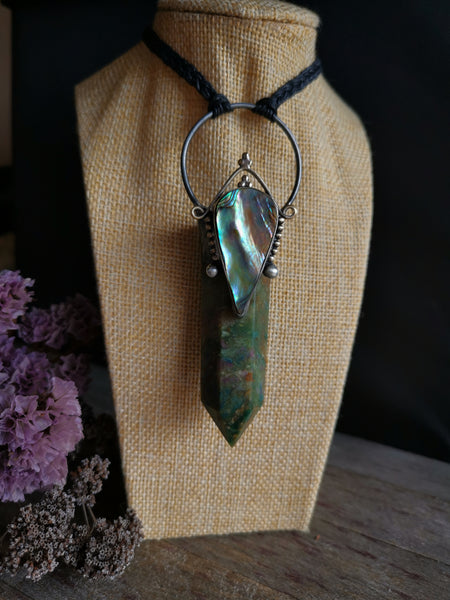 Ruby fuchsite and abalone shell pendant