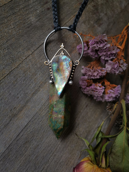 Ruby fuchsite and abalone shell pendant