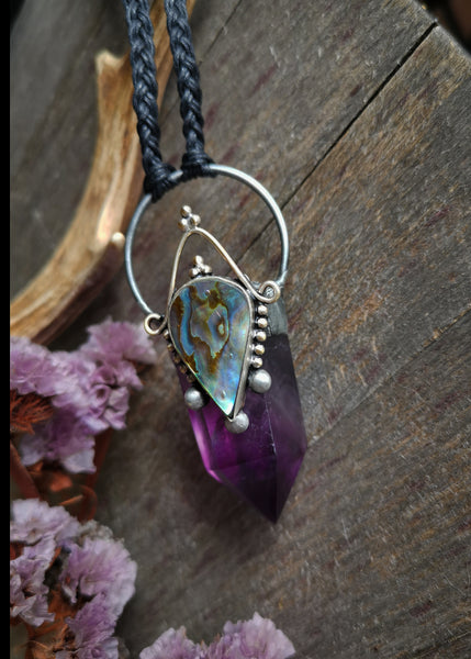 Purple fluorite and abalone shell pendant