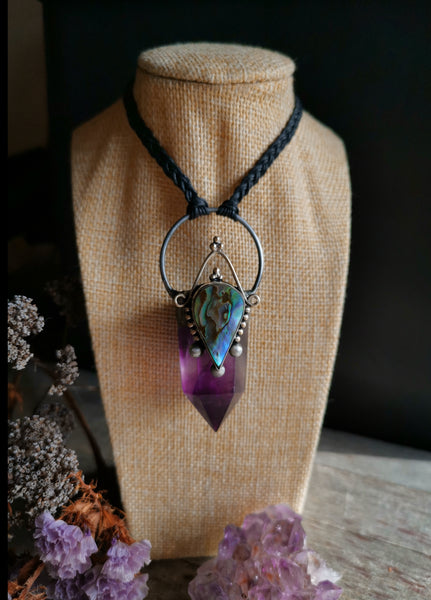 Purple fluorite and abalone shell pendant