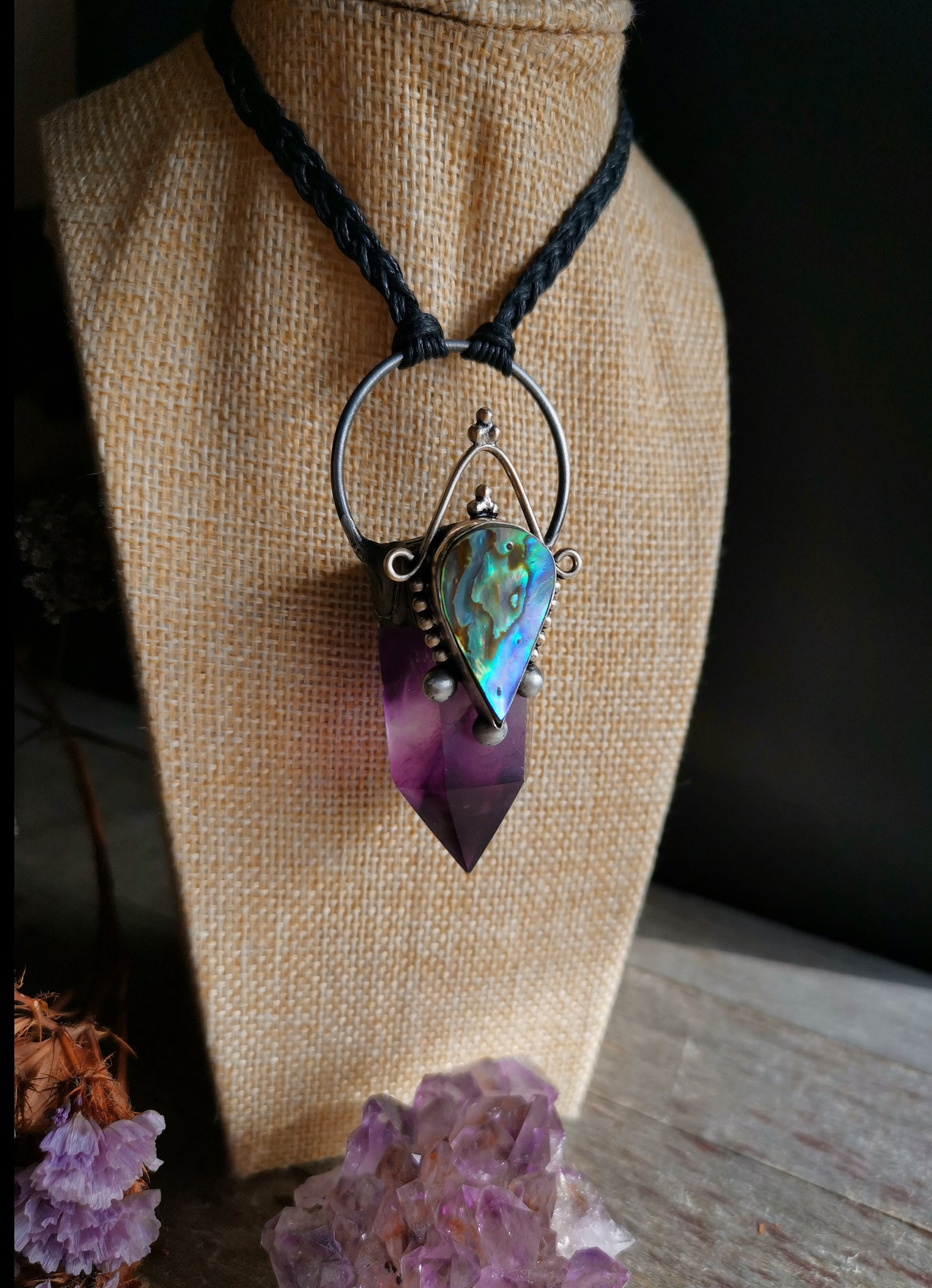 Purple fluorite and abalone shell pendant