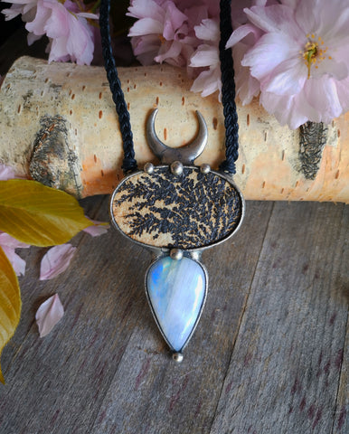 Dendritic limestone and rainbow moonstone necklace