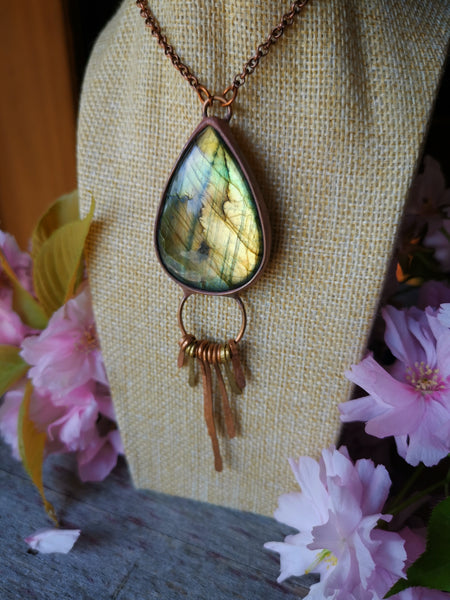 Copper and brass necklace with golden labradorite