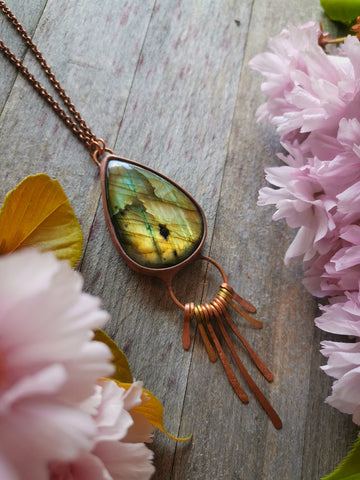 Copper and brass necklace with golden labradorite