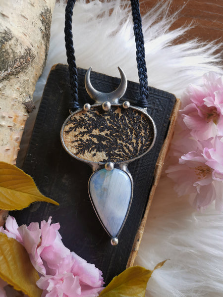 Dendritic limestone and rainbow moonstone necklace