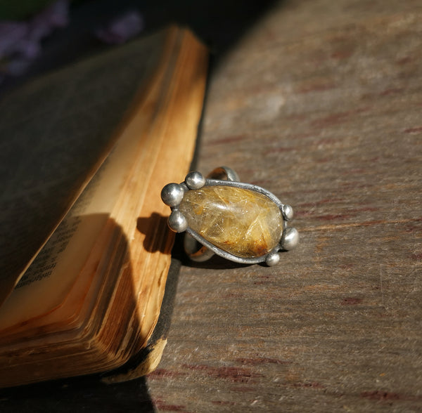 Golden rutilated quartz adjustable ring