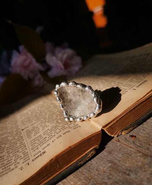 Clear quartz druzy adjustable ring