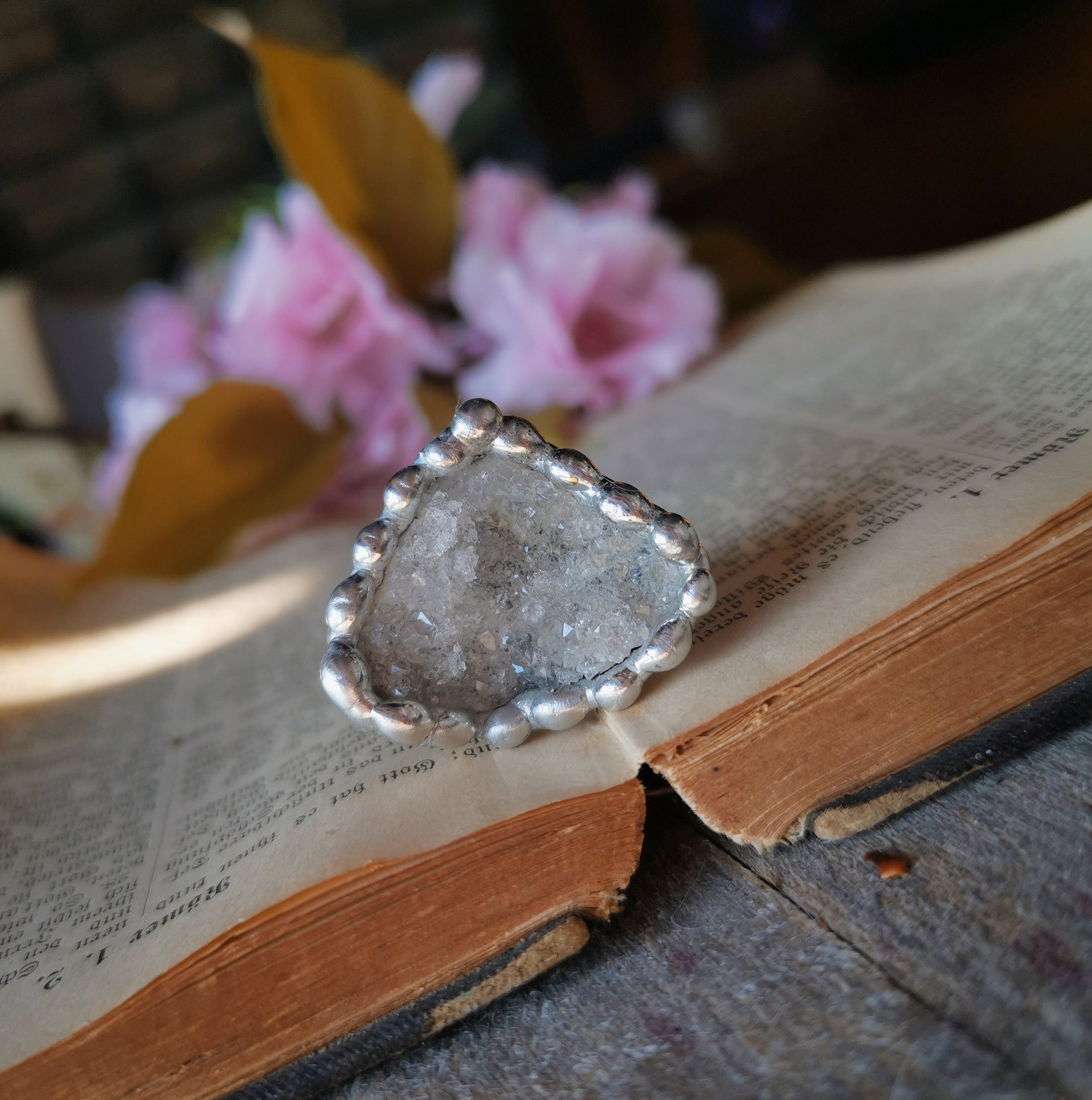 Clear quartz druzy adjustable ring