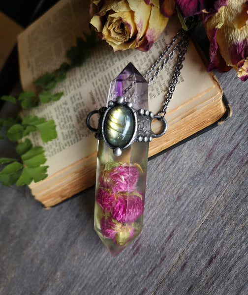 Botanical crystal pendant with amethyst and labradorite - matte