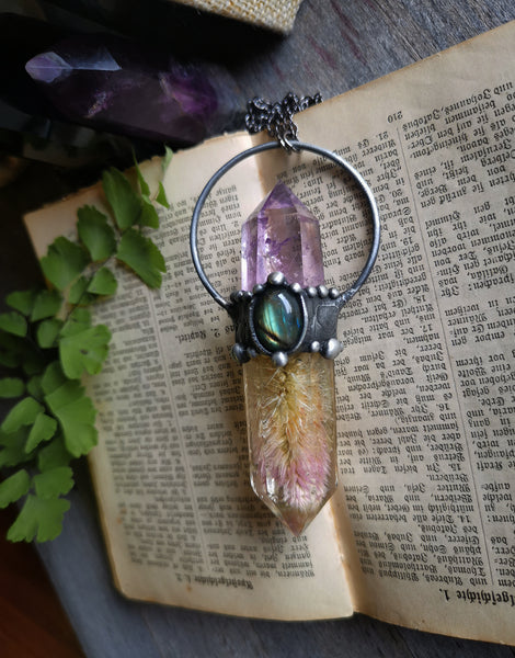 Botanical resin crystal pendant with amethyst and labradorite #2