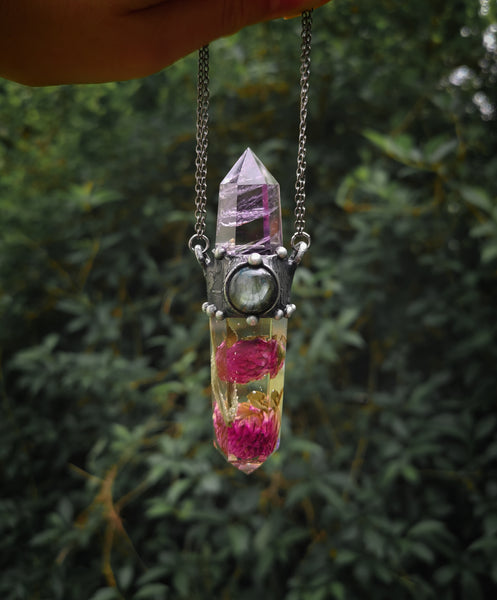 Botanical crystal pendant with amethyst and labradorite