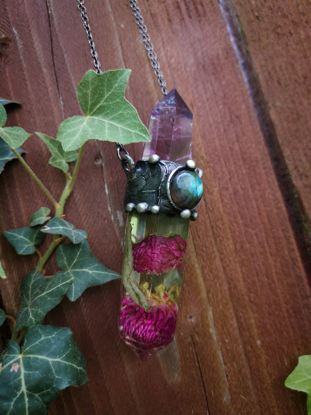 Botanical crystal pendant with amethyst and labradorite