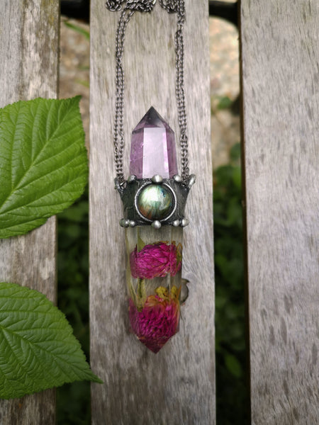 Botanical crystal pendant with amethyst and labradorite