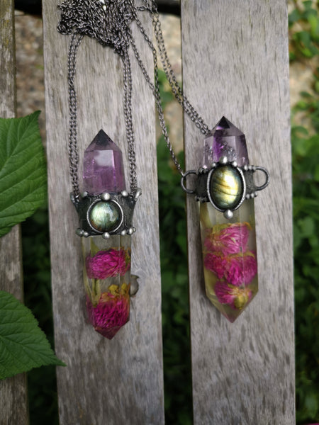 Botanical crystal pendant with amethyst and labradorite