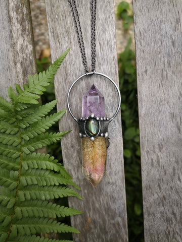 Botanical resin crystal pendant with amethyst and labradorite #2