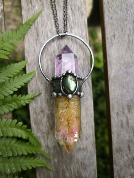 Botanical resin crystal pendant with amethyst and labradorite #2