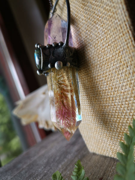 Botanical resin crystal pendant with amethyst and labradorite #2