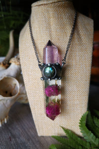 Botanical crystal pendant with amethyst and labradorite