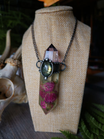 Botanical crystal pendant with amethyst and labradorite - matte