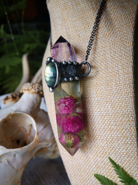 Botanical crystal pendant with amethyst and labradorite - matte