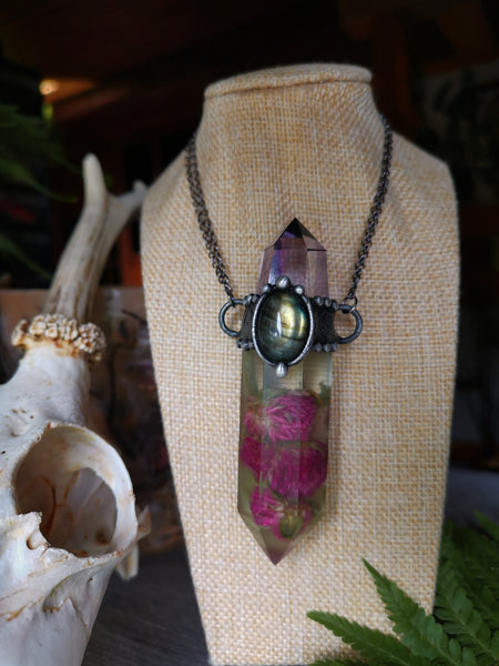 Botanical crystal pendant with amethyst and labradorite - matte