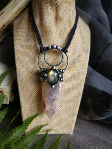 Flower agate wand and labradorite necklace