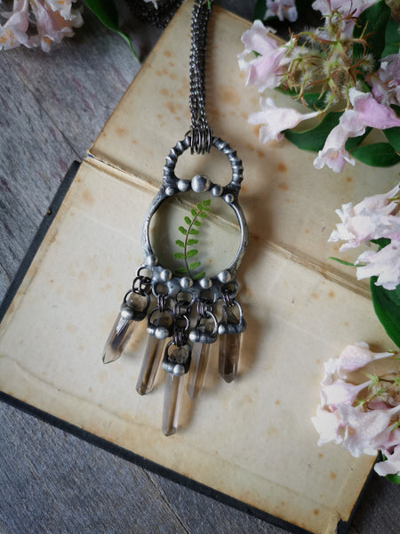 Spleenwort fern and smoky quartz necklace