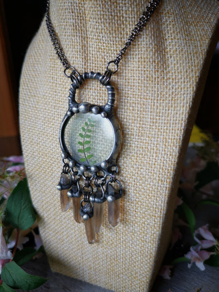 Spleenwort fern and smoky quartz necklace