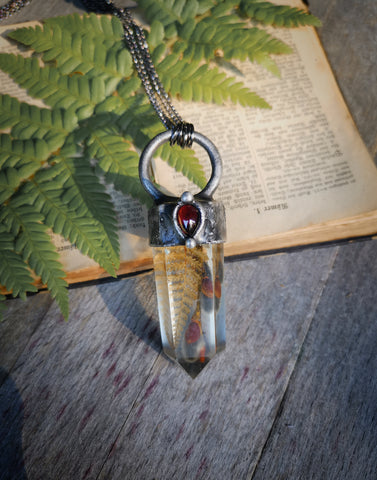 Botanical crystal pendant with garnet