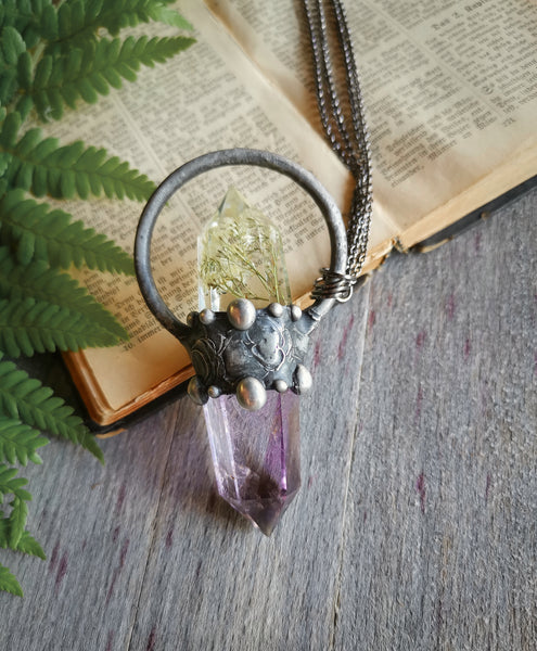 Botanical crystal and amethyst point necklace