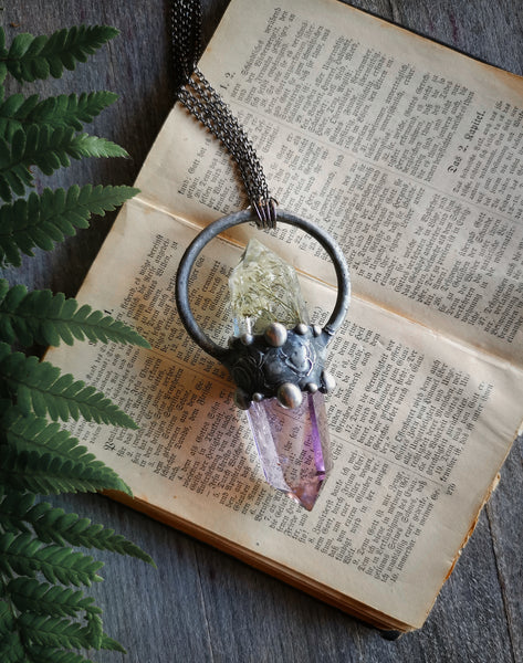 Botanical crystal and amethyst point necklace