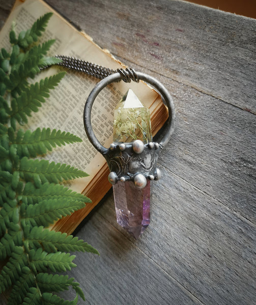Botanical crystal and amethyst point necklace
