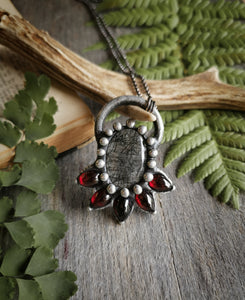 Black rutilated quartz and red garnet necklace