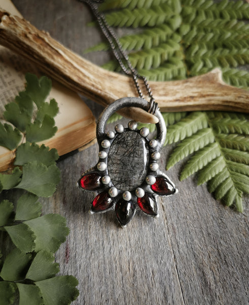 Black rutilated quartz and red garnet necklace
