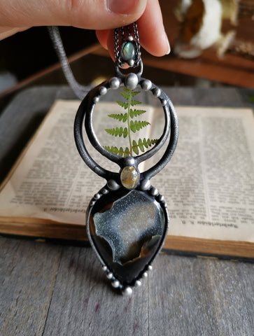 Fern and black druzy agate necklace