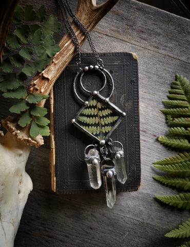 MADE TO ORDER Fern and clear quartz chandelier necklace