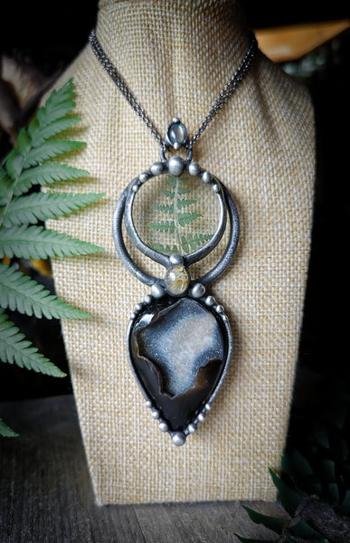 Fern and black druzy agate necklace