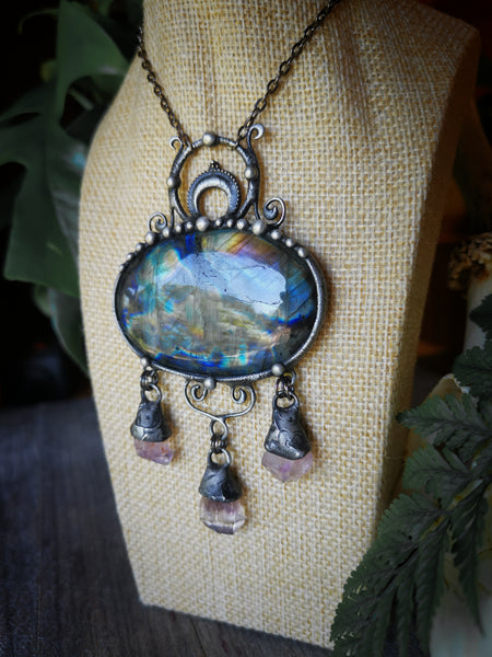 Labradorite and amethyst chandelier necklace