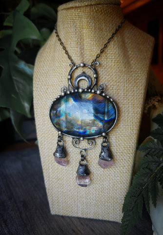 Labradorite and amethyst chandelier necklace