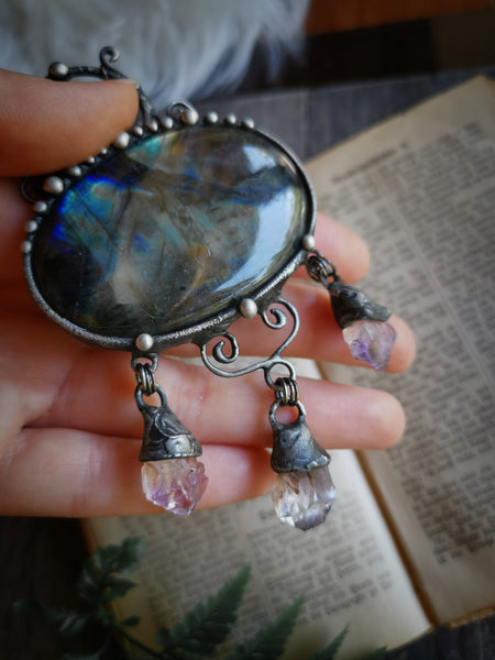 Labradorite and amethyst chandelier necklace