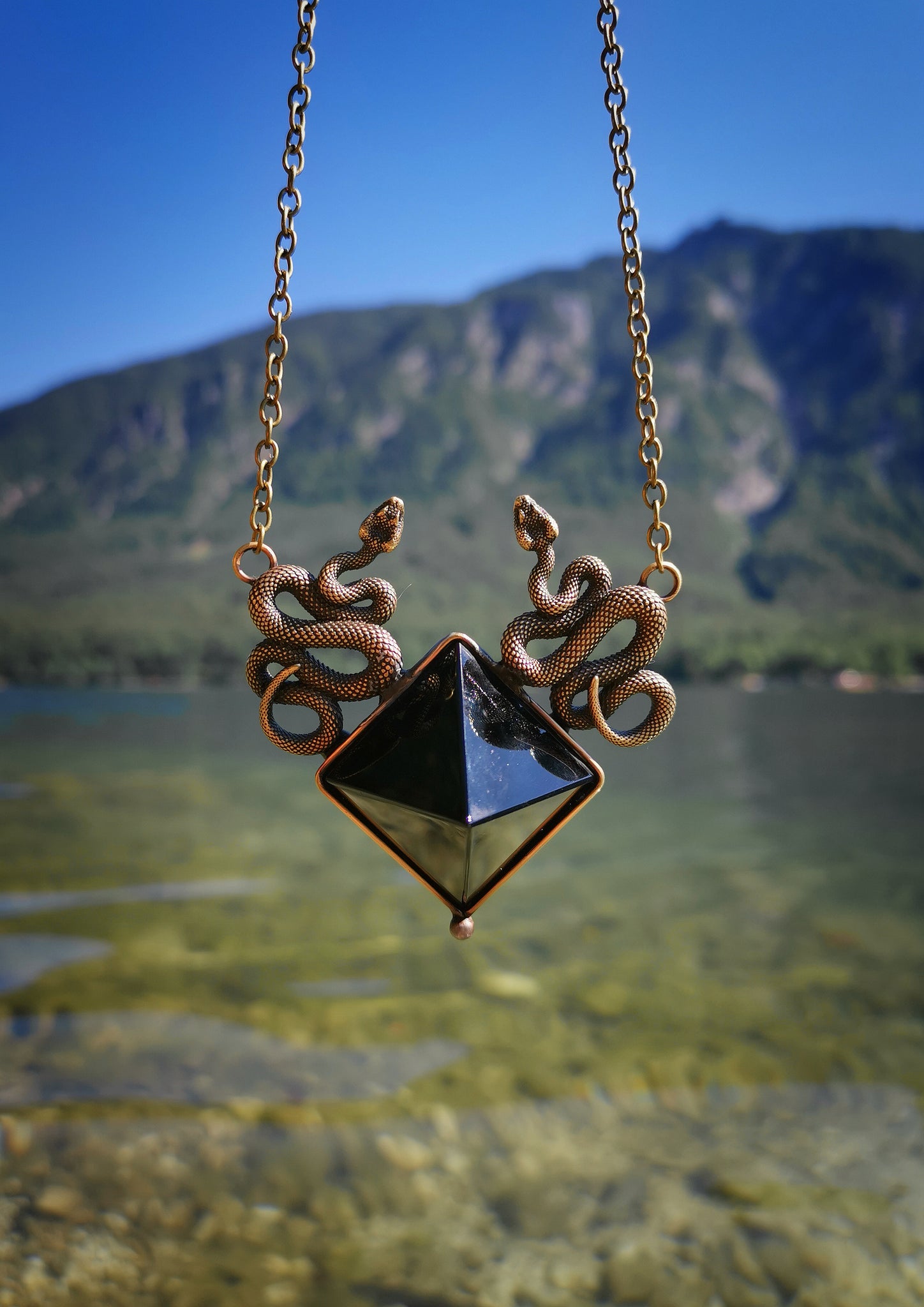 Brass serpent obsidian necklace