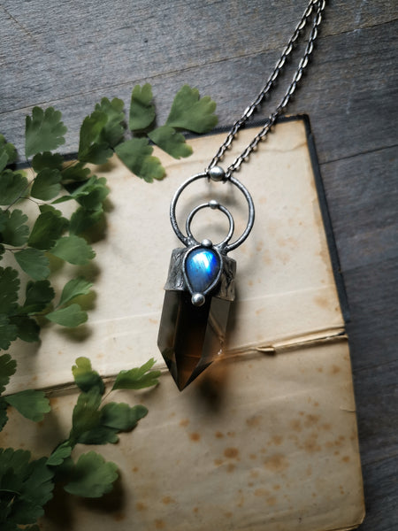 Smoky quartz and rainbow moonstone necklace