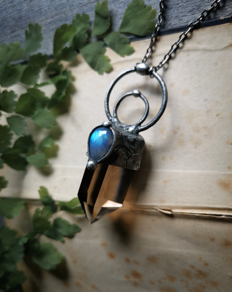 Smoky quartz and rainbow moonstone necklace