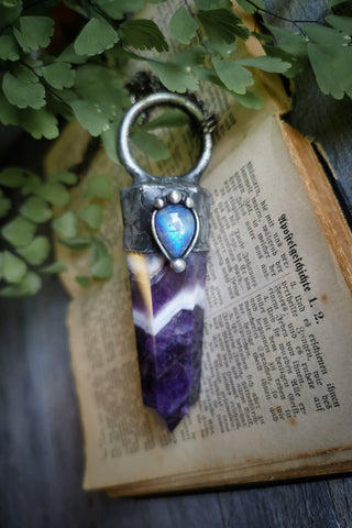 chevron amethyst and rainbow moonstone necklace