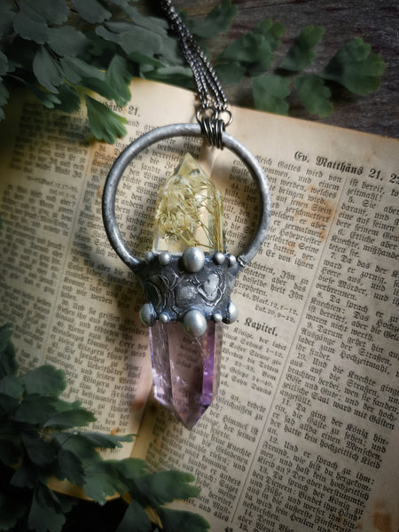 Botanical crystal and amethyst point necklace