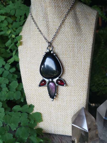 Black tourmaline, purple labradorite and garnet necklace