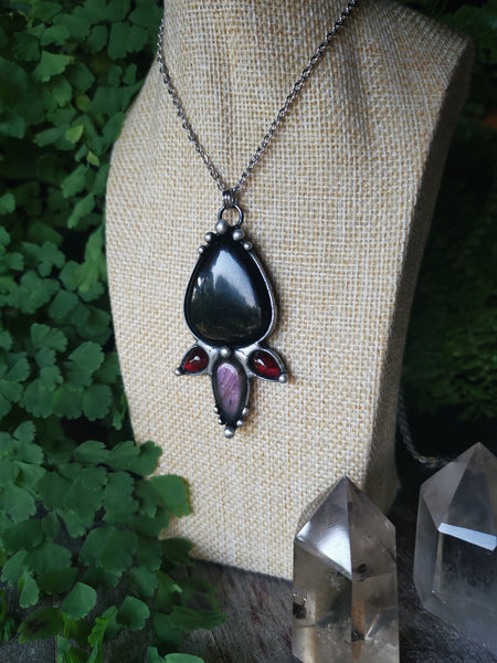 Black tourmaline, purple labradorite and garnet necklace