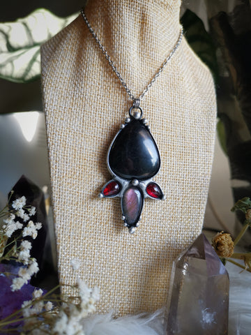 Black tourmaline, purple labradorite and garnet necklace